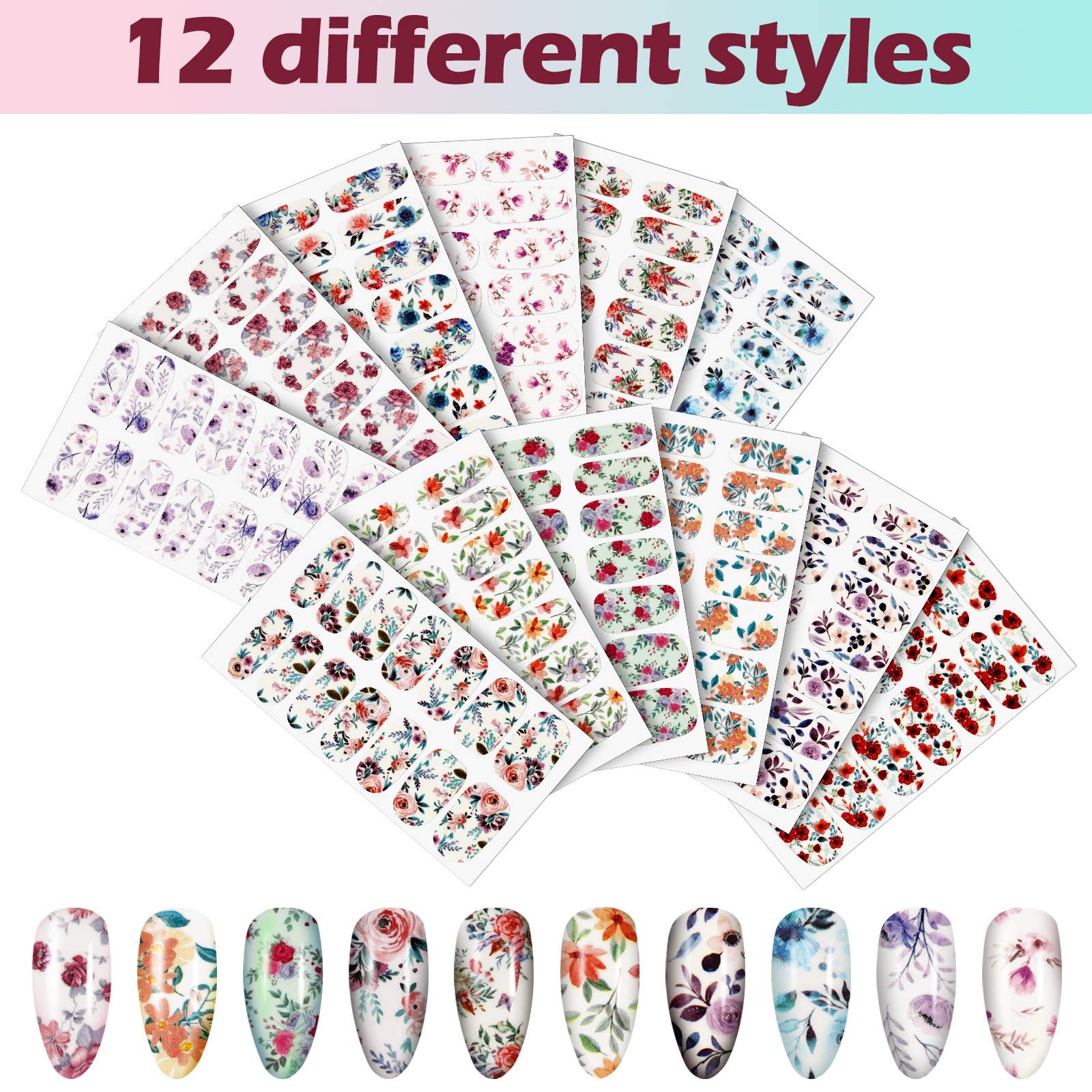 12 Sheets Full Wraps Nail Polish Stickers Self Adhesive Nail Art Decal Strips