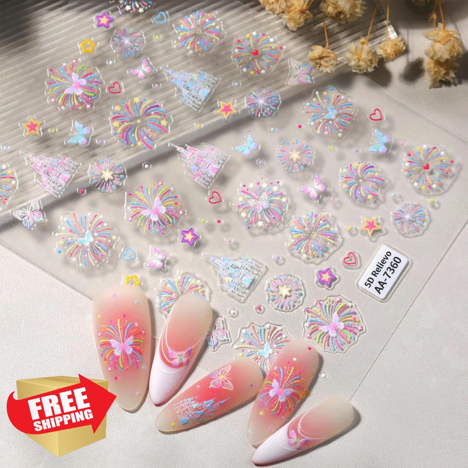 Spebozy Firework Castle Nail Stickers 5D Embossed Colorful