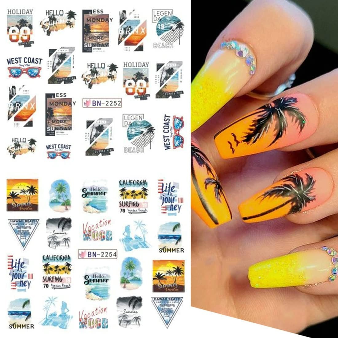 12pcs Summer Palm Tree Nail Art Stickers Decals Water Transfer Coconut Tree N…