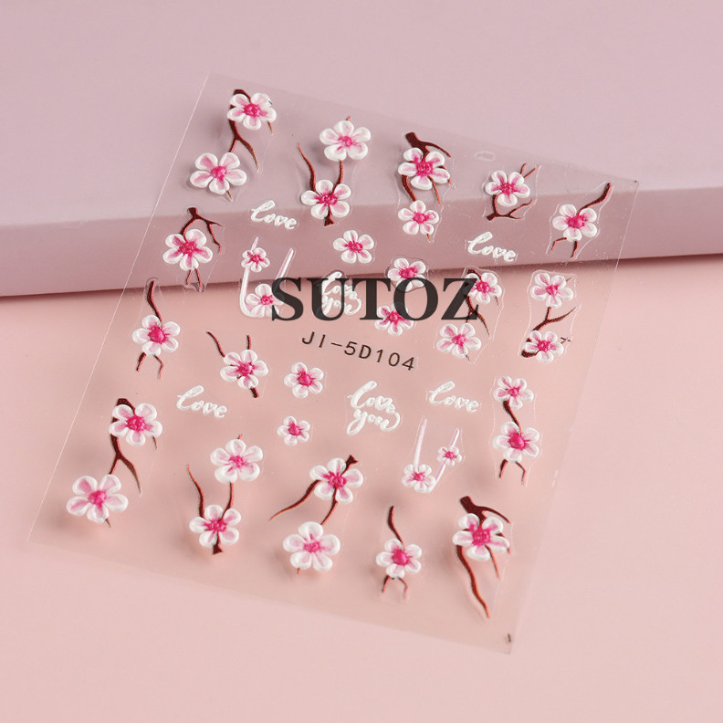 5D Embossed Pink Cherry Blossom Flowers Decal Nail Stickers Sliders JI5D104/105