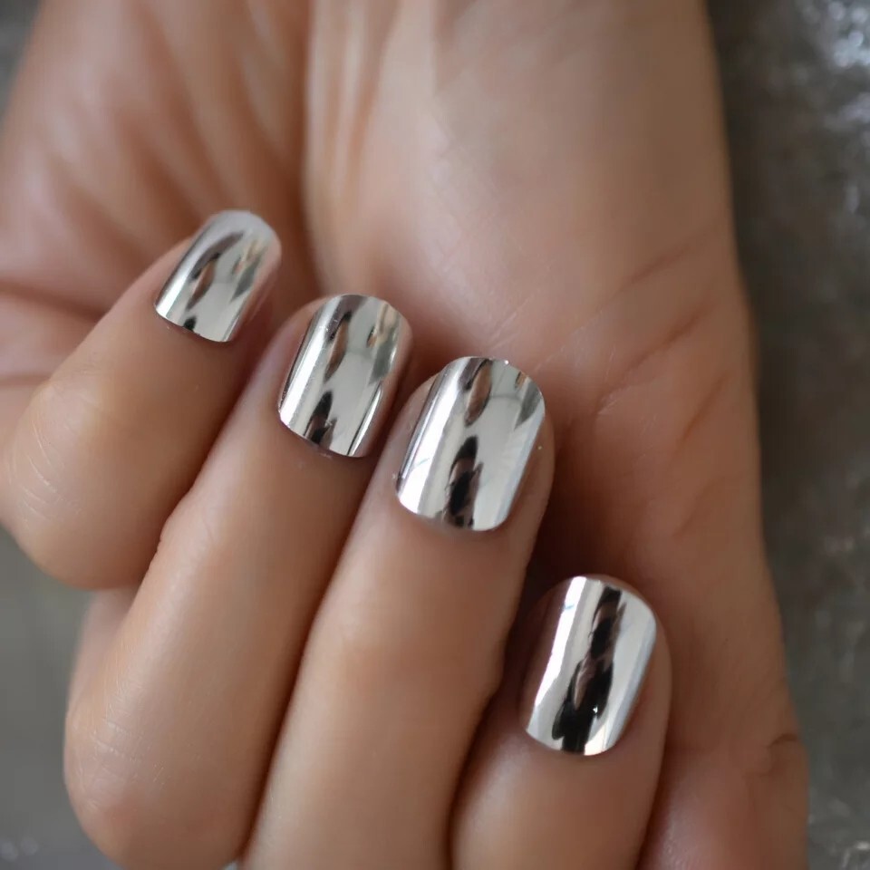 24 Short Silver Chrome Press On Nails Mirror metallic GLUE ON kit reflective