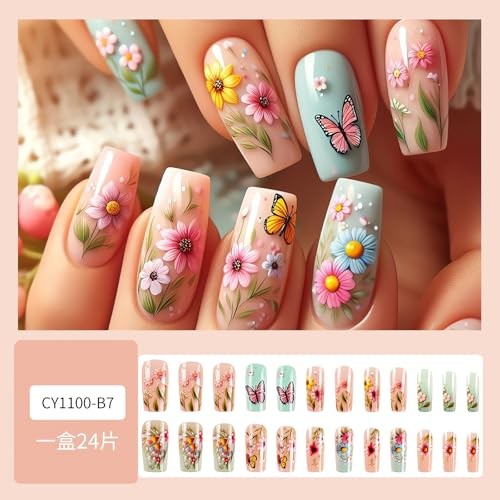 SINSEN Spring Press on Nails Medium Square Fake Nails Colorful Flower style8