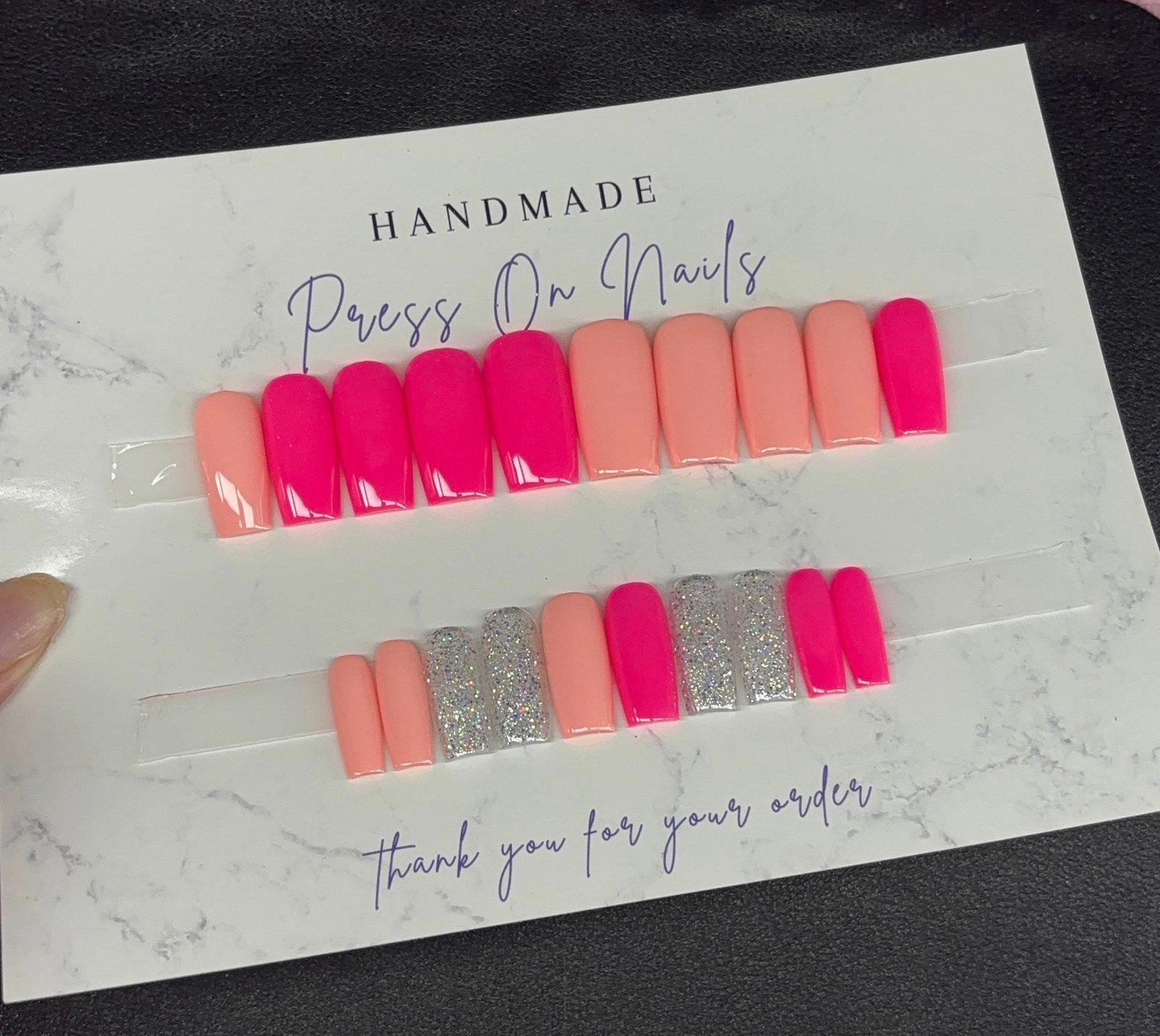 Medium square Press on nails silver glitter neon pink peach handmade gel