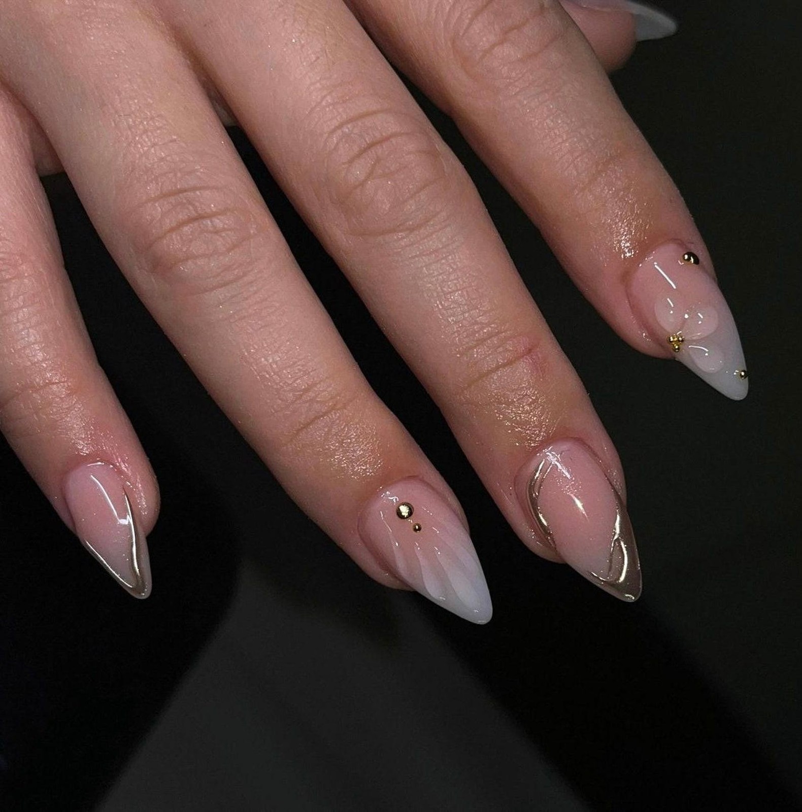 Handmade Nude White Gradient Gold Line Bead Long Stiletto Press on Nails