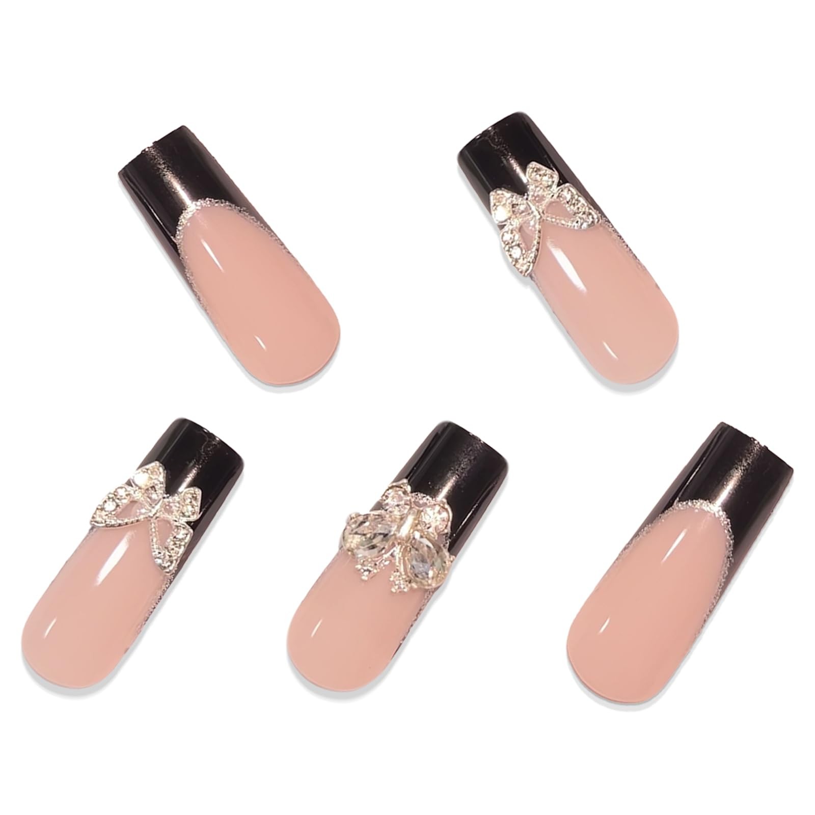 Square Press on Nails Long Fake Nails Black French Glue on Nails Butterfly