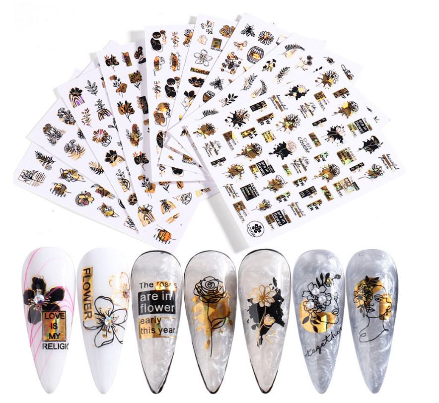 8Pcs Nail Art Sticker Black Gold Flower Clover Abstract Face Letter Slider NS18