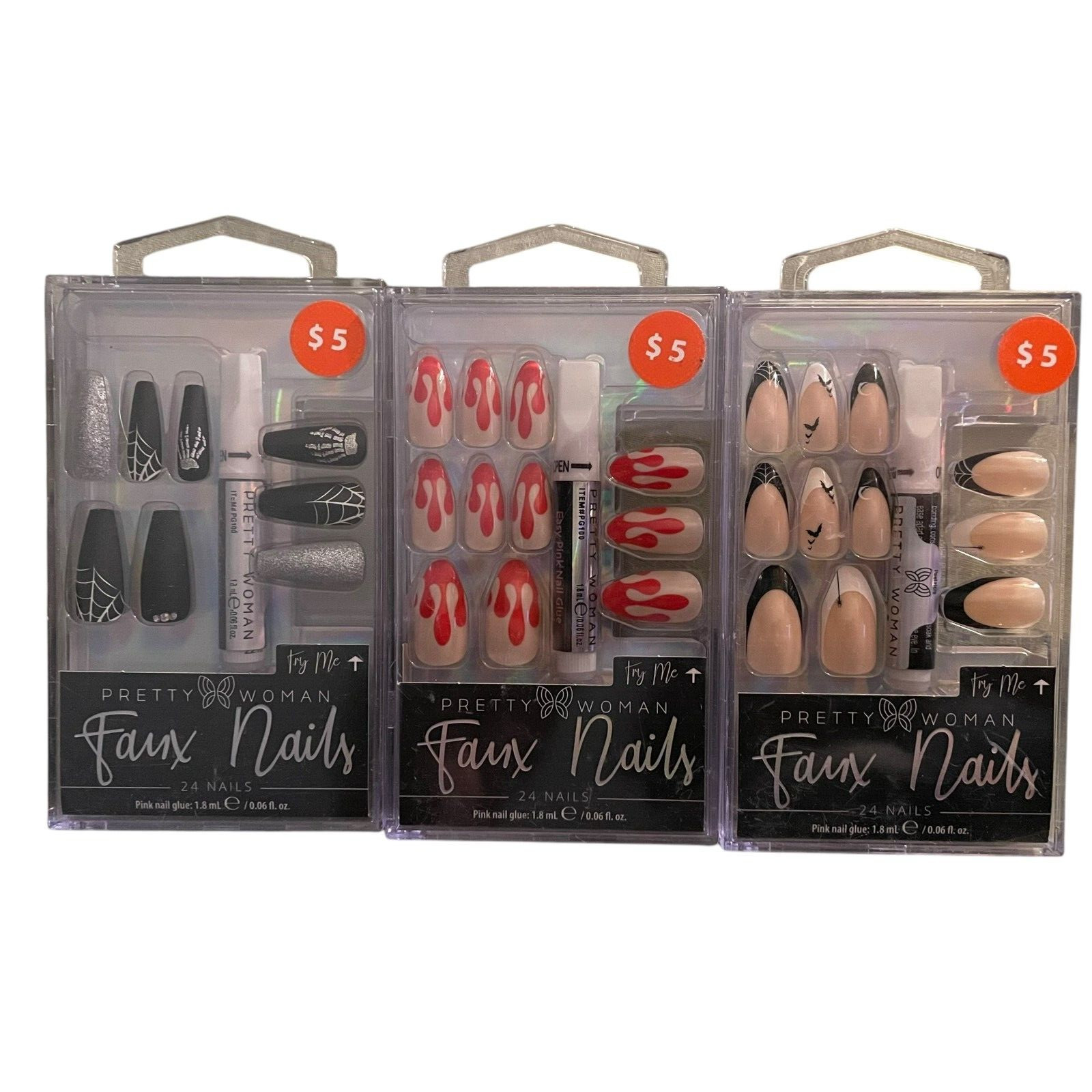 Pretty Woman Faux Nails Press On Halloween Designs Lot 3 Variant Packs with Glue