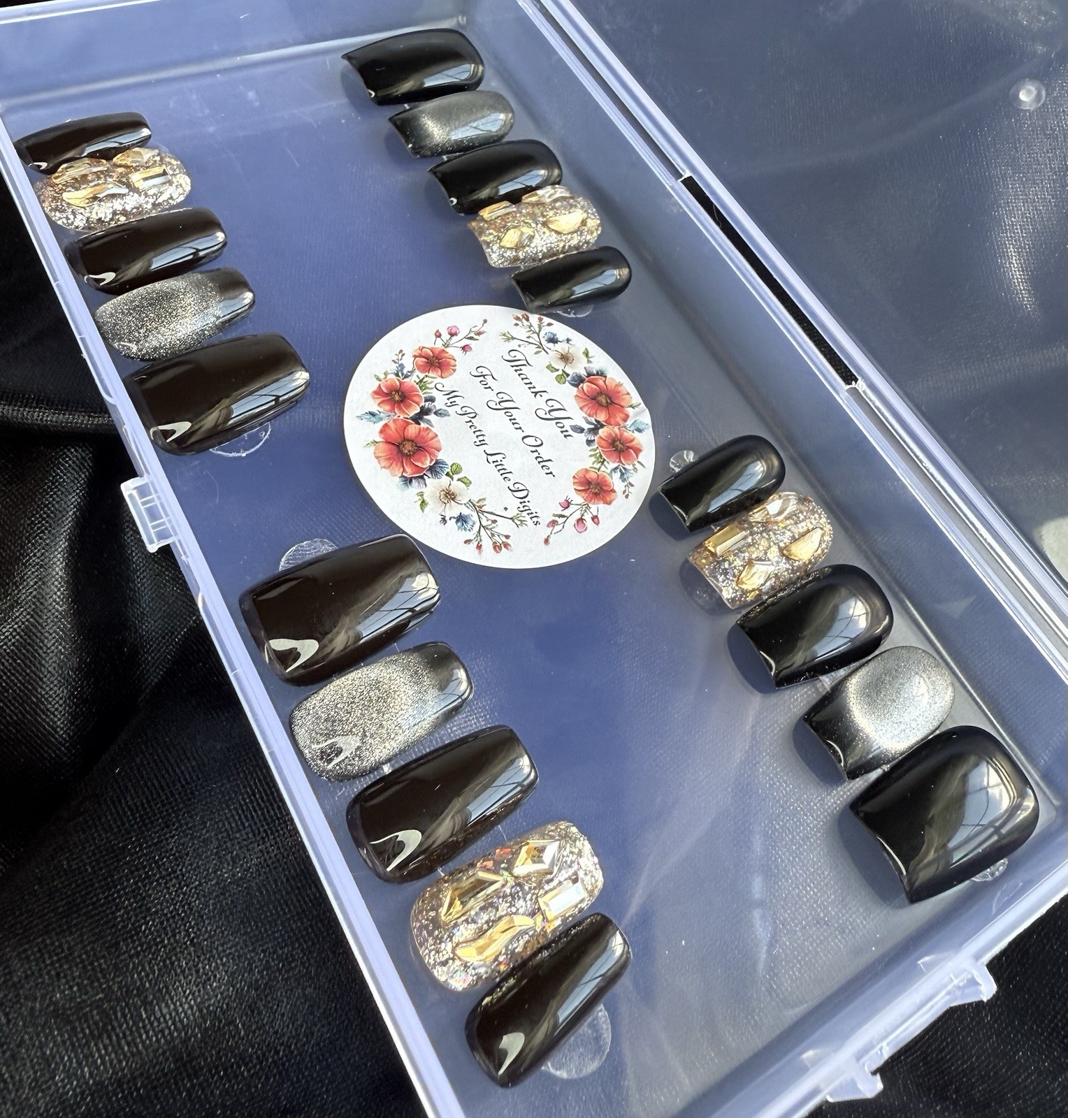 Handmade Press On Nails, Champagne Diamond, Black French~Includes Free Gifts💝