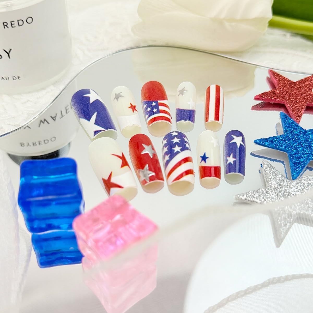 30Pcs 4Th of July Press on Nails Medium Square French Tip Fake Nails Red White B