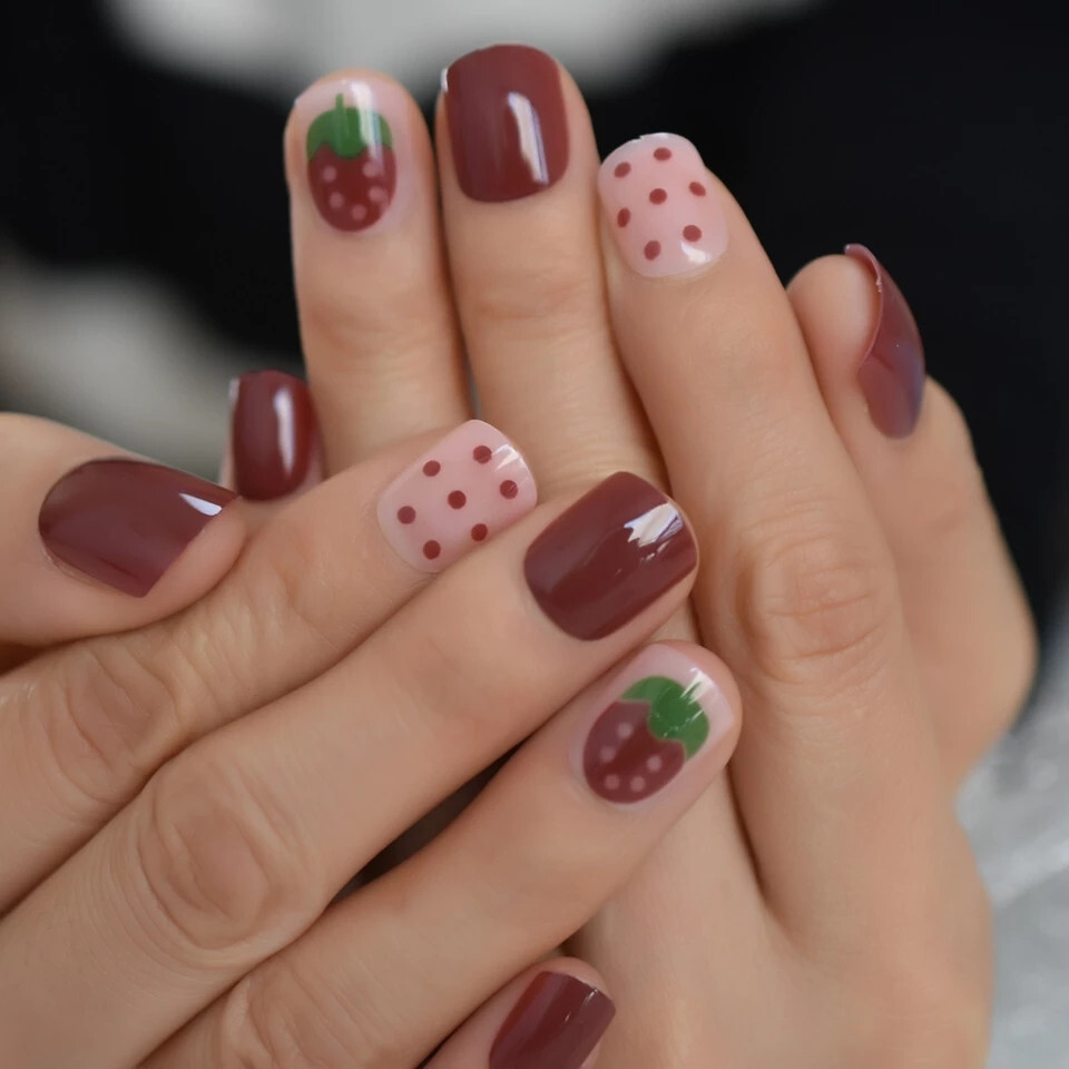 24 Short Press on nails kit w glue strawberry cute red dots kawaii fruit