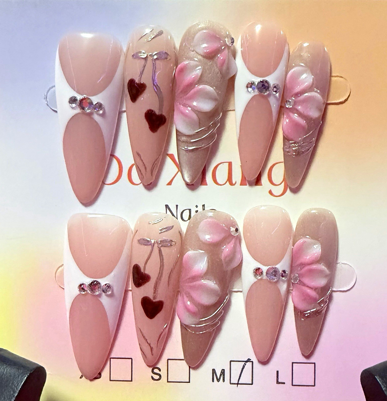 Pink/White 3D Heart Stiletto Press-On Nails Set, Medium, Full Cover Pre-Designed