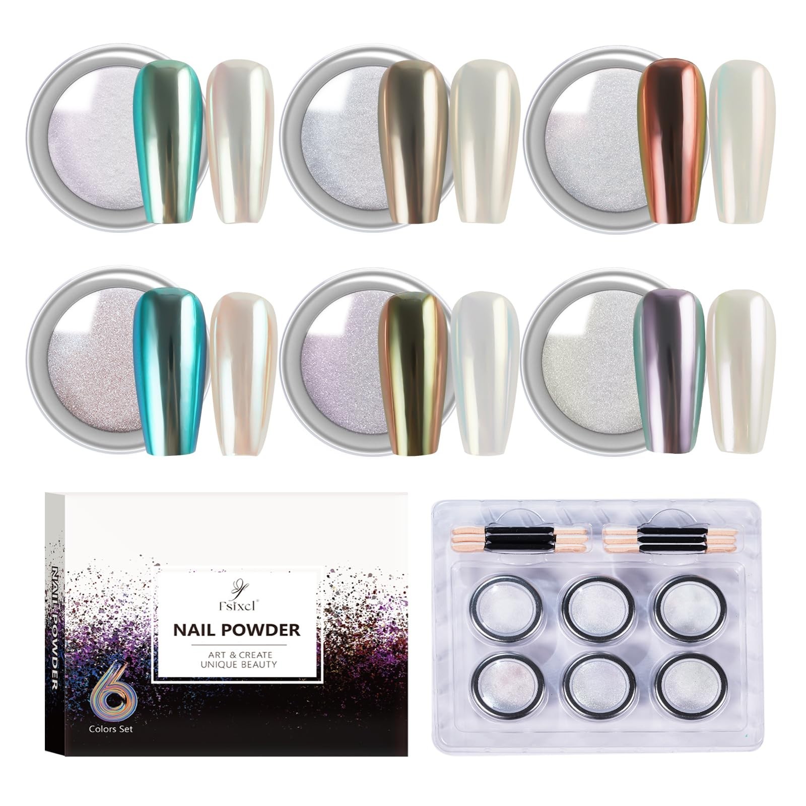 Pearl White Chrome Nail Powder Set – 6 Colors Iridescent Glitter for Gel Polish