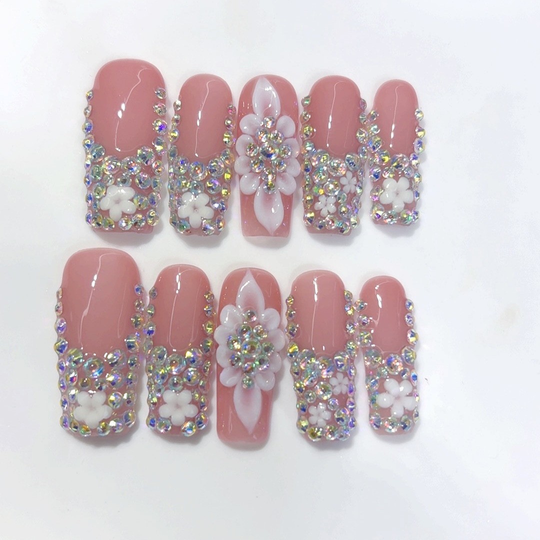 10Pcs Handmade Rhinestone 3D Carved Press On Nails Party Daily Nails