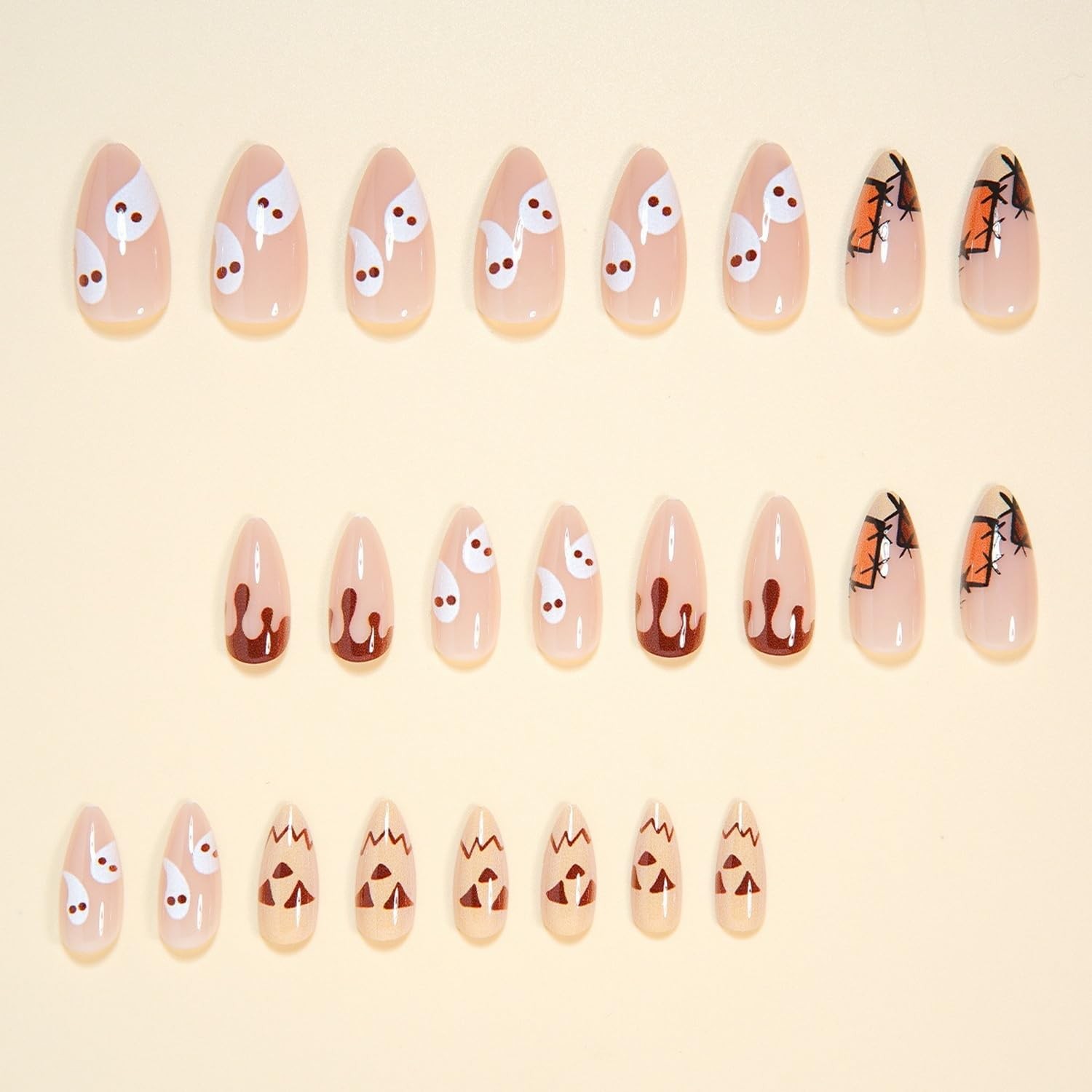 Halloween Press on Nails Medium Almond OFDNE French Tip Fake Nails Cute False…