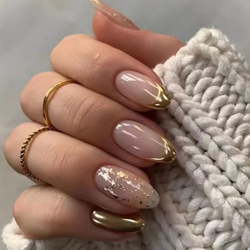 Gold French Tip Press on Nails Short Almond Fake Nails Gold French Tip Nails-18