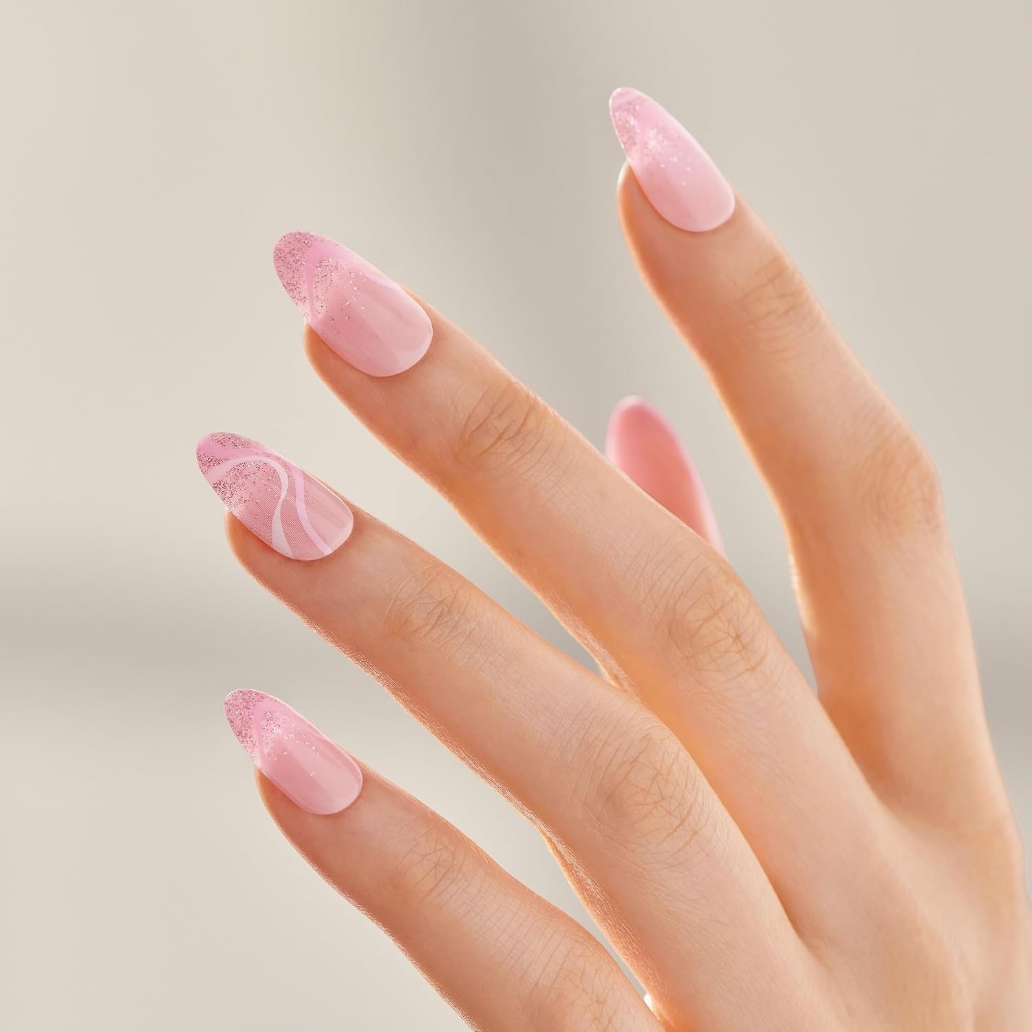 No Glue Mani Press On Nails, Design, ‘Wild Venus’, Pink, Medium Size, Almond …