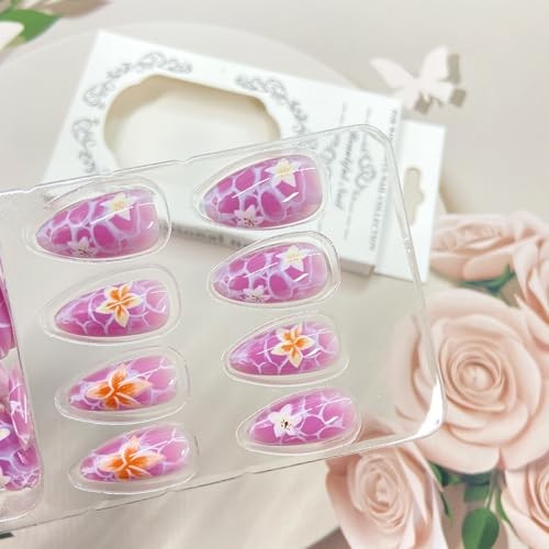 Press on Nails with Flower Design Medium Almond Fake Nails Marble Pattern