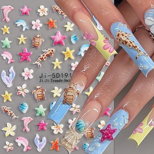 4 Sheets Summer Nail Art Stickers Decals 5D Embossed Self-Adhesive Ocean