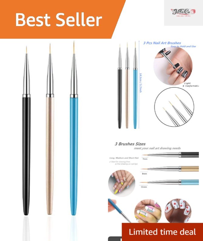 Professional 3-Piece Nail Liner Brush Set with Extra-Long Bristles – 7/9/11mm