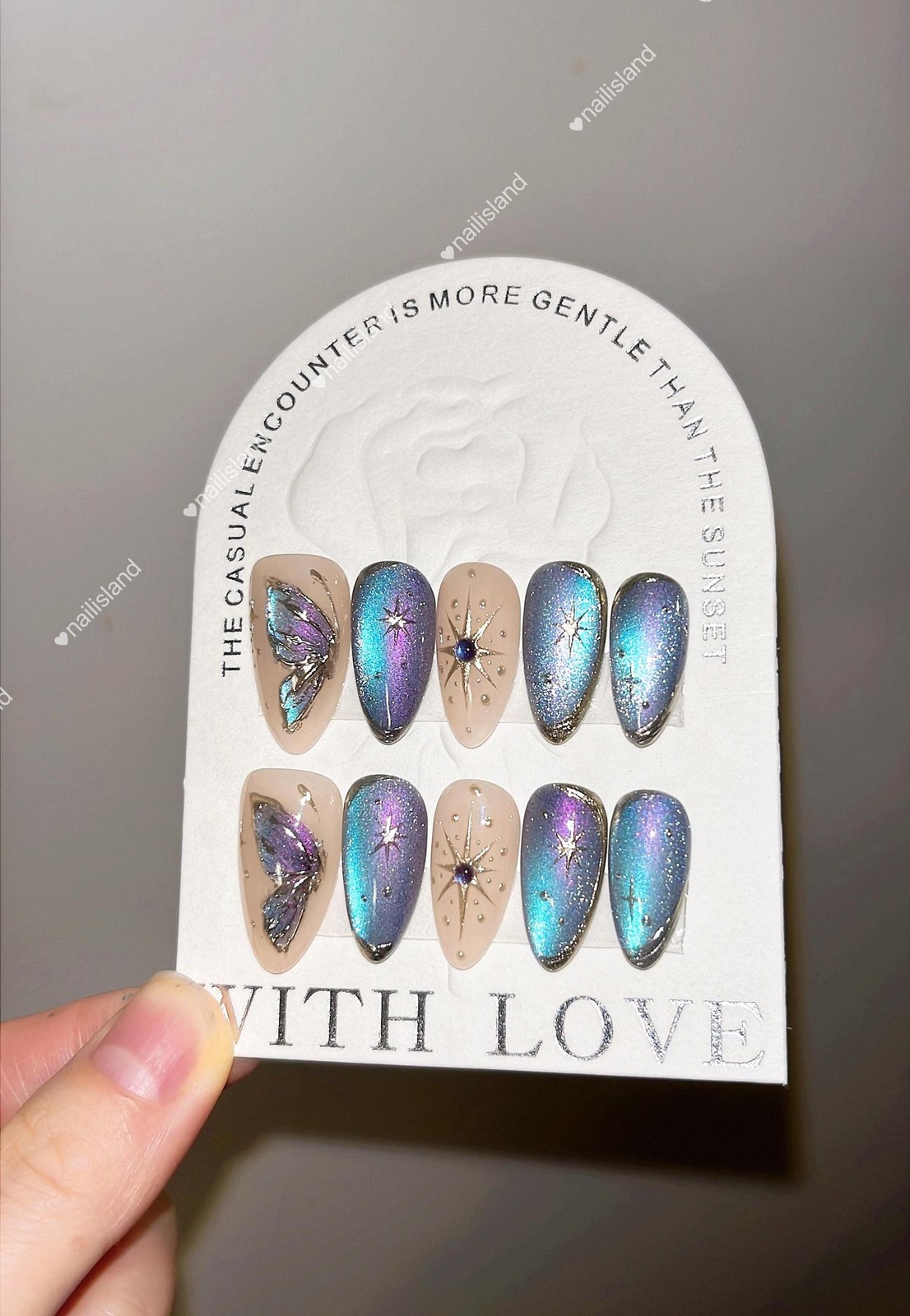 Handmade Iridescent Cat Eye Butterfly Rhinestone Medium Almond Press on Nails