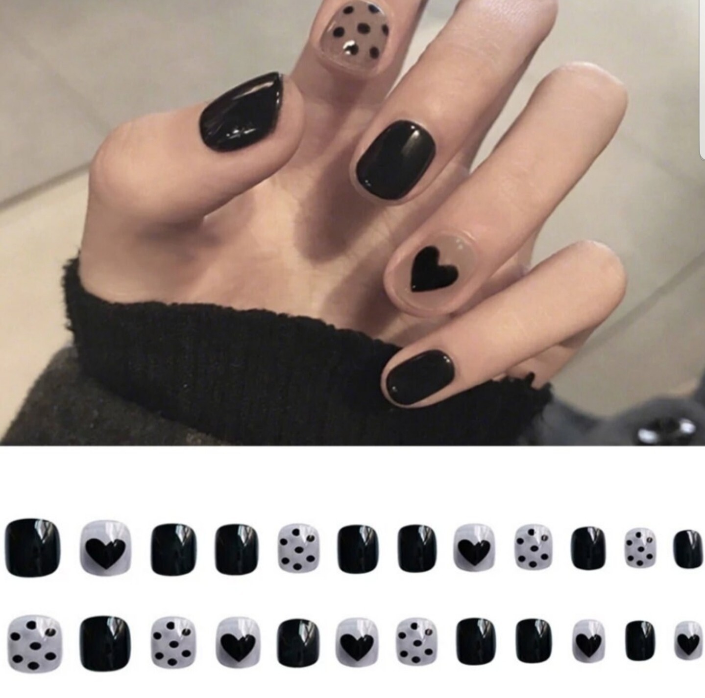 24 Black Heart Short press on nails glue on clear trendy polka dot gray goth