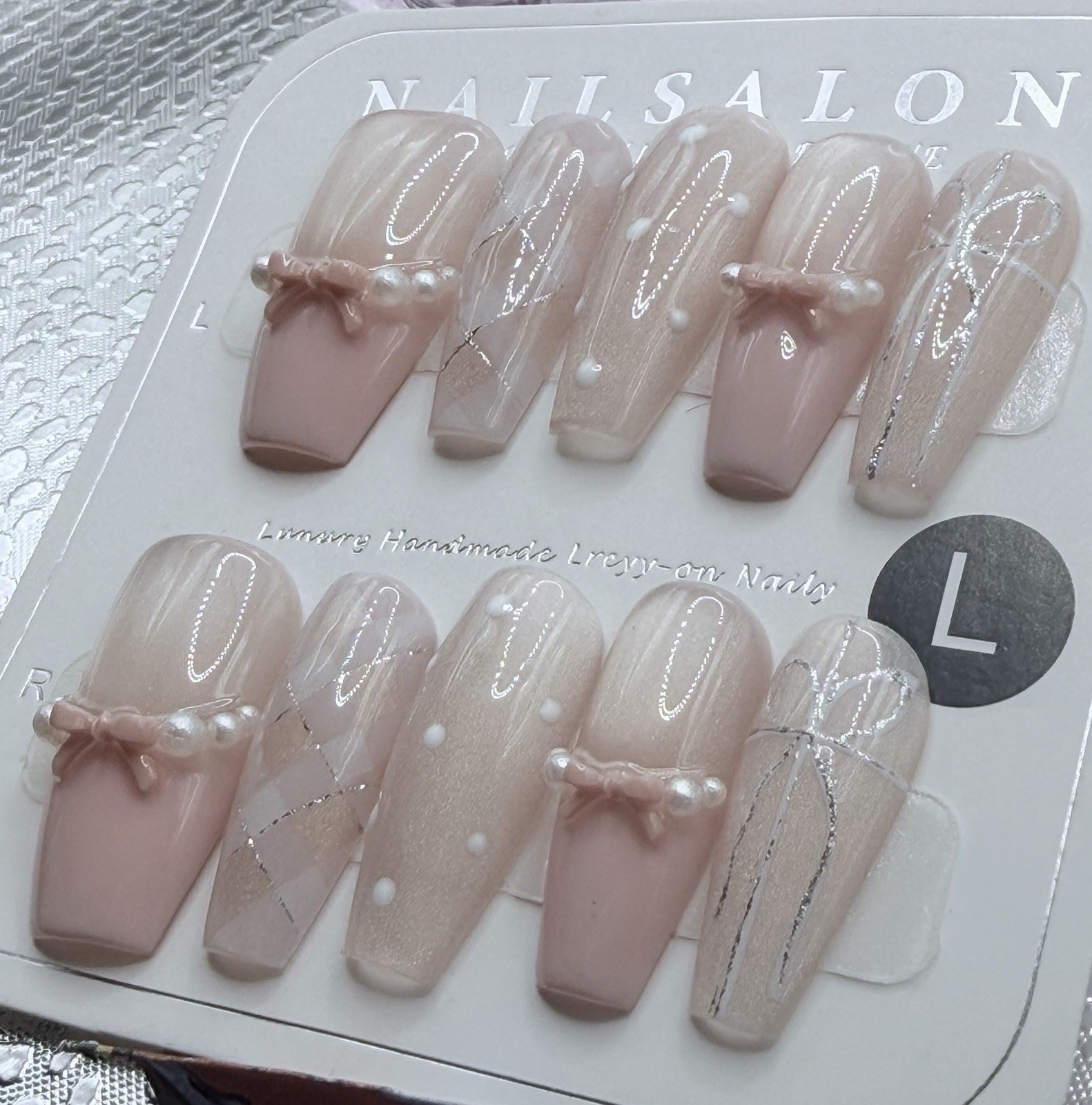 10 Pcs Handmade Medium Coffin Pink Ballerina Nails Plaid 3D Bows Polka Dots Glit