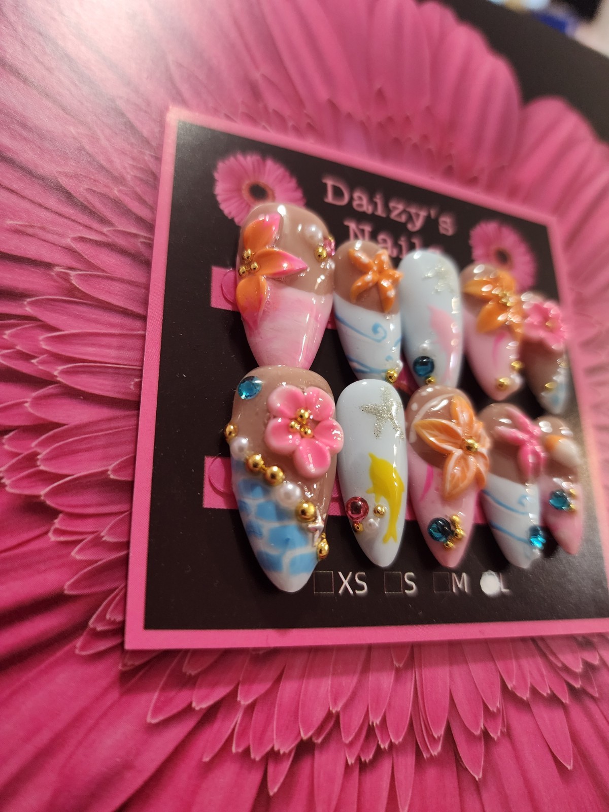 Large Size Tropical Beach 3D Press-on Nail Set Handmade Almond 2.5 Cm Length