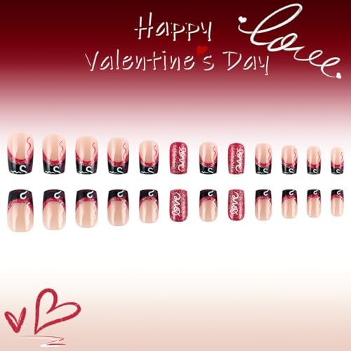 24 Pcs French Tip Press on Nails Short Square Heart Fake Nails with Glitter