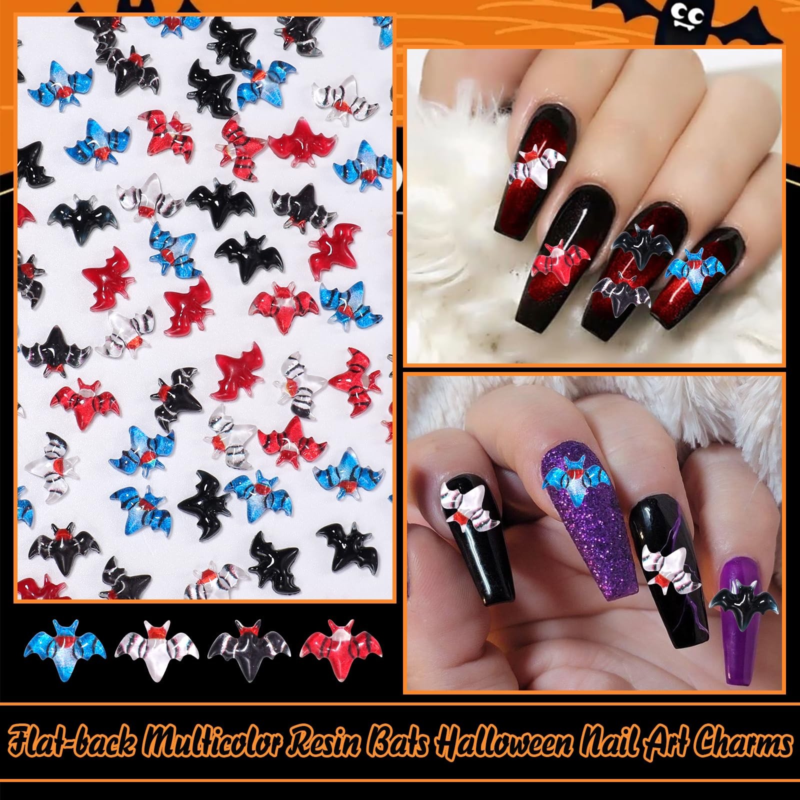 100 Pcs Bat Nail Charms Mini Figurines, 6 Styles Resin Flatback Bat Halloween…