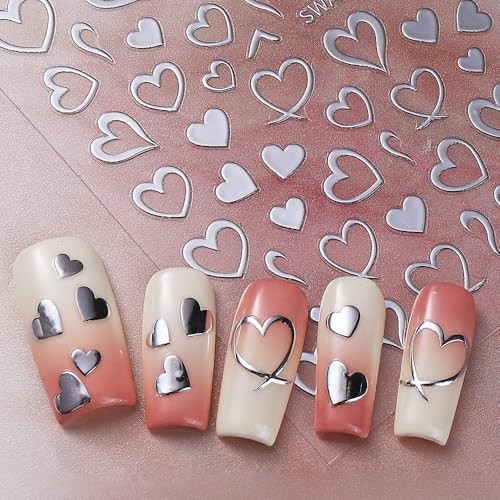 Valentines Nail Stickers for Nail Art Empty Heart Nail Decals 6PCS Red