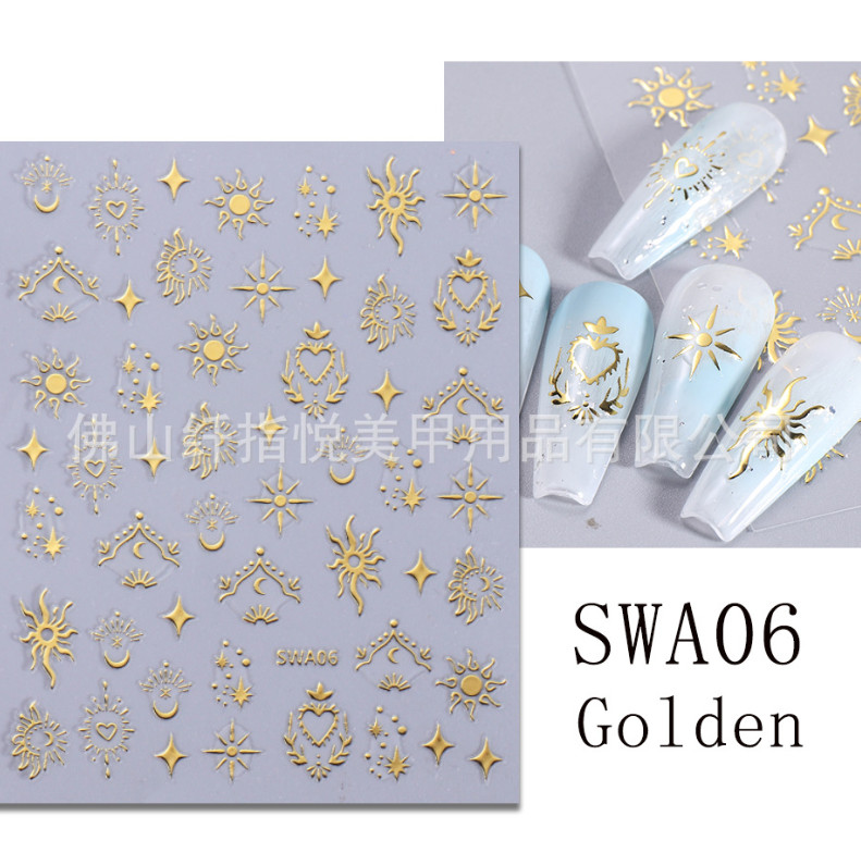 2Pcs Star Moon Sun Heart Bohemian Metallic Gold Silver Nail Stickers DIY NH28