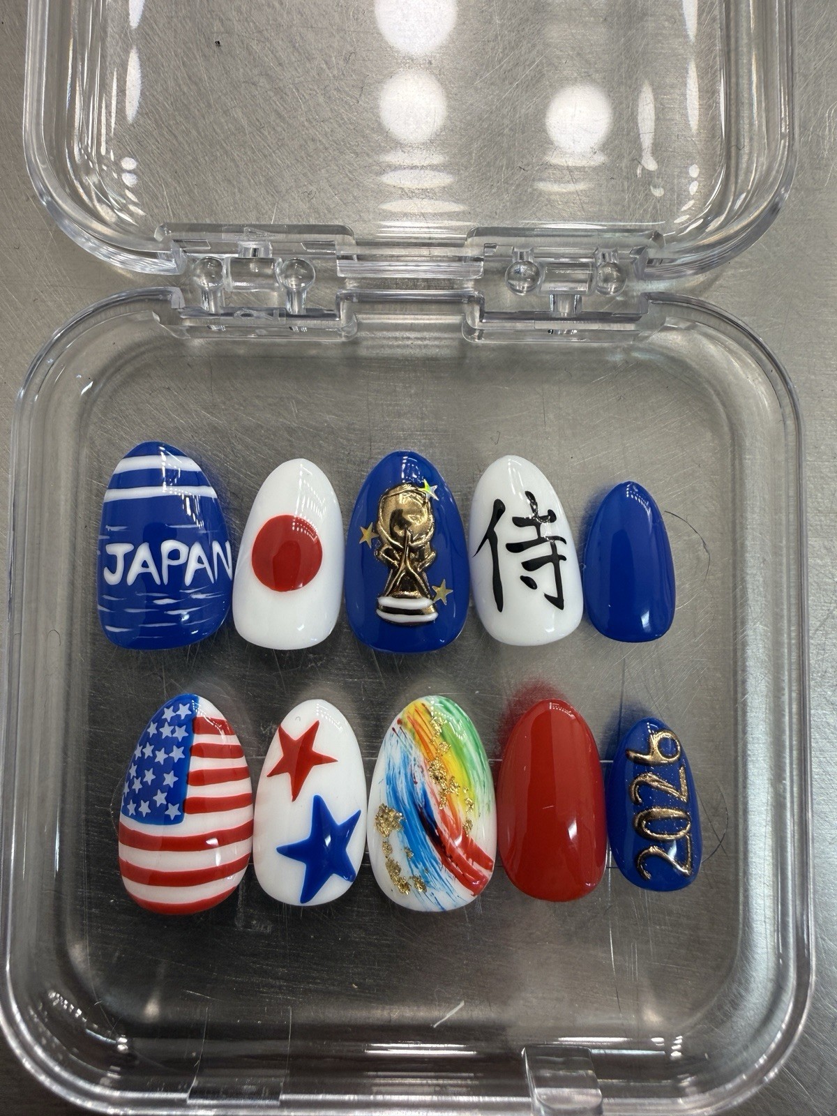 World Cup 2026 USA Japan Handmade Press On Nails Red White Blue , Almond
