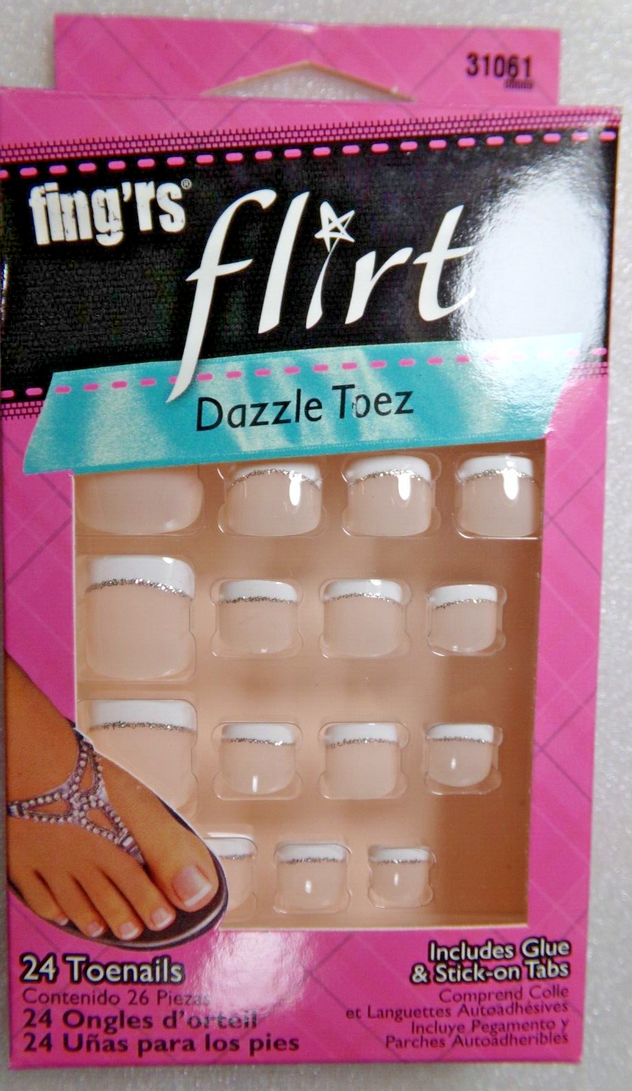 Fing’rs Flirt Dazzle TOENAILS Clean White Frech with Silver Line Glue on