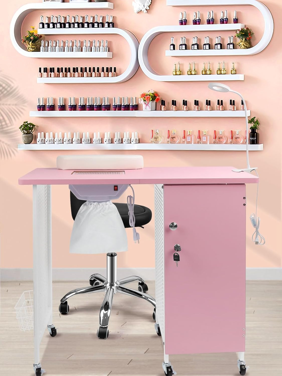 Manicure Nail Table, Mobile Nail Station with Nail Dust Collector, 4 Drawers, LE