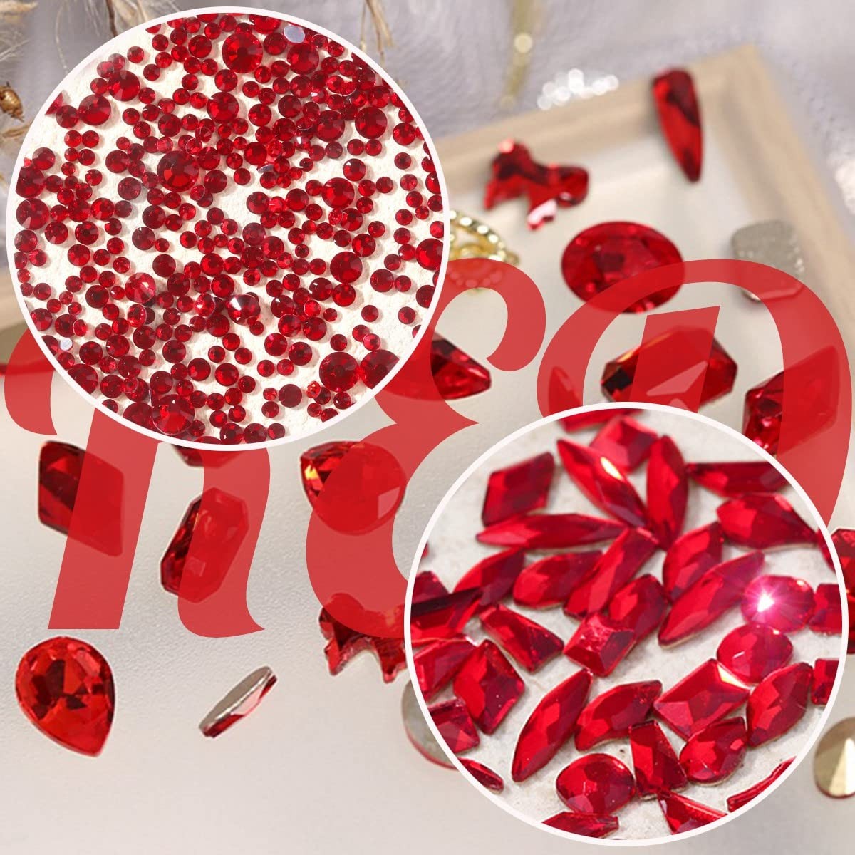 2052Pcs Nail Art Rhinestones Multi Shapes Crystal Flatback A Set Red