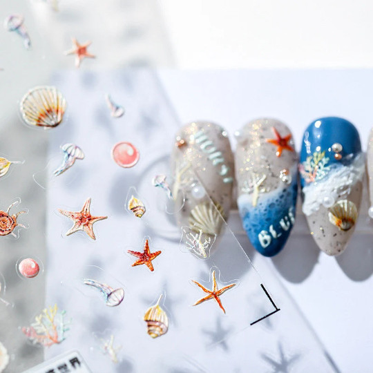 5D Sea World Nail Decal, Starfish Nail Decals, Pearl Nails Art Stickers (161)