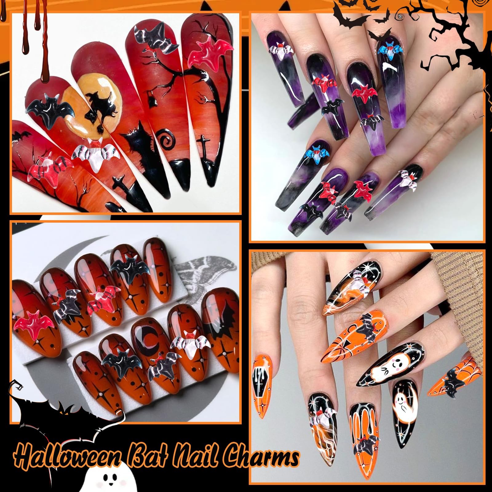 100 Pcs Bat Nail Charms Mini Figurines, 6 Styles Resin Flatback Bat Halloween…