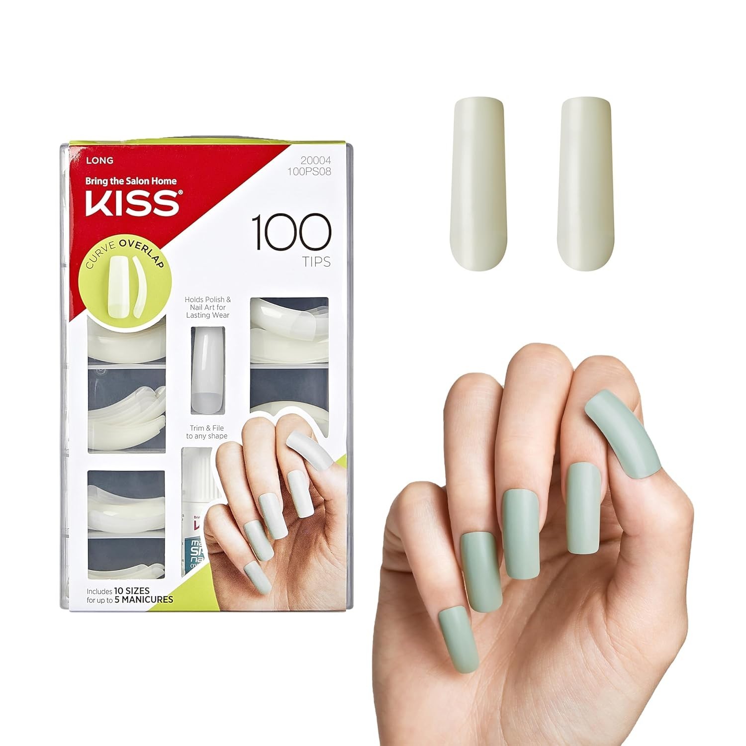 KISS 100 Tips False Nail Kit, Curve Overlap Style, Long Length, Long Lasting