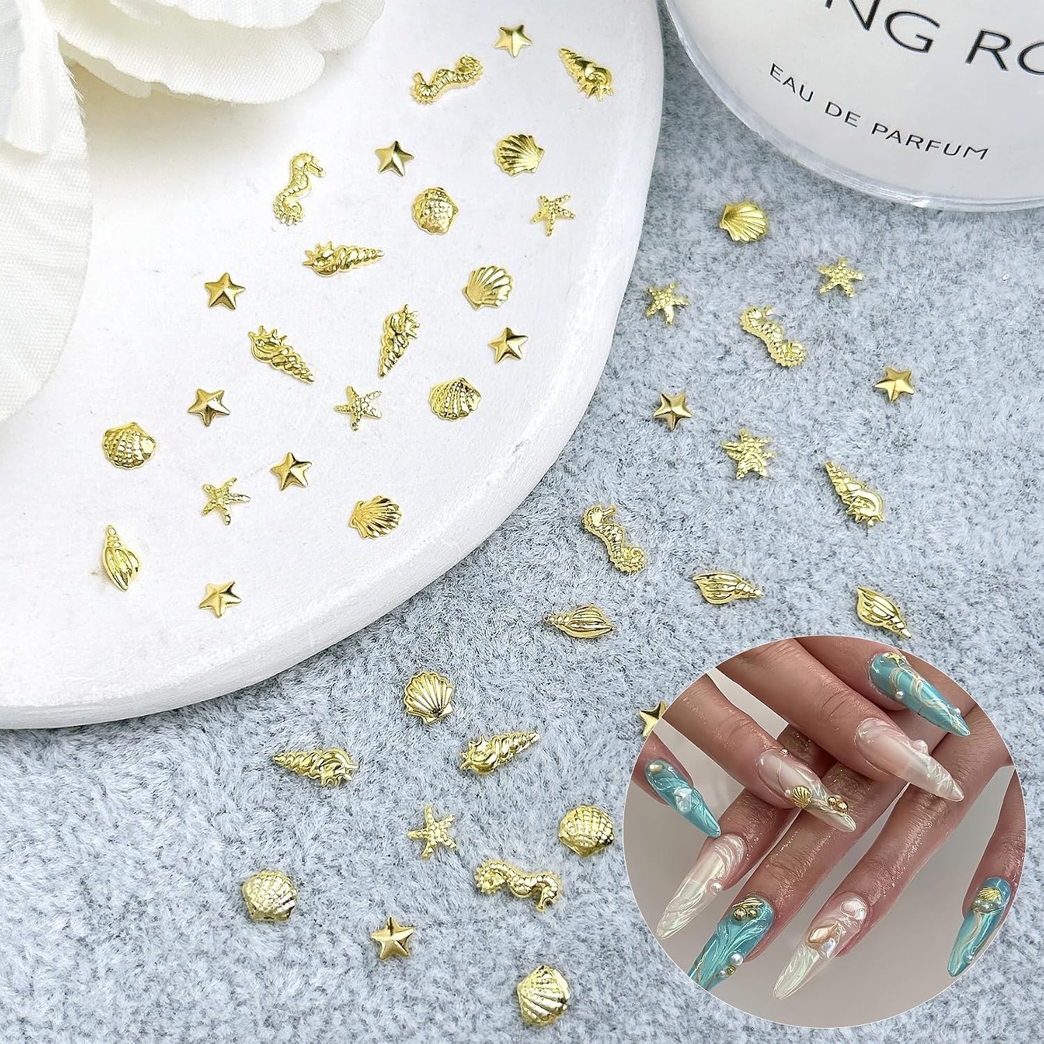 600Pcs Gold Starfish Nail Charms 3D Alloy Summer Ocean Nail Rhinestones Starfish