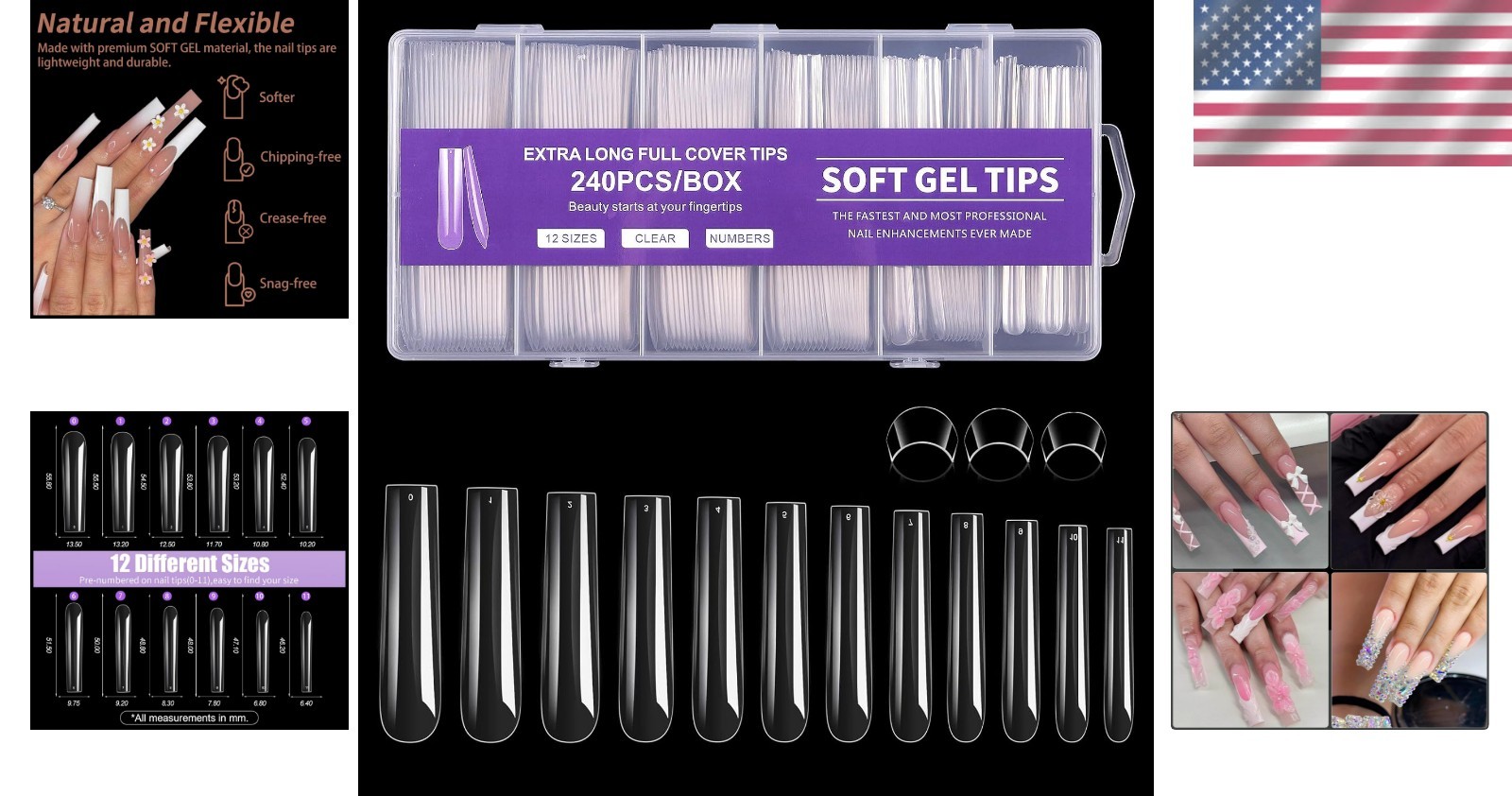 Durable Soft Gel Nail Tips 240Pcs Long Square Shape Non Toxic Safe for Beginners