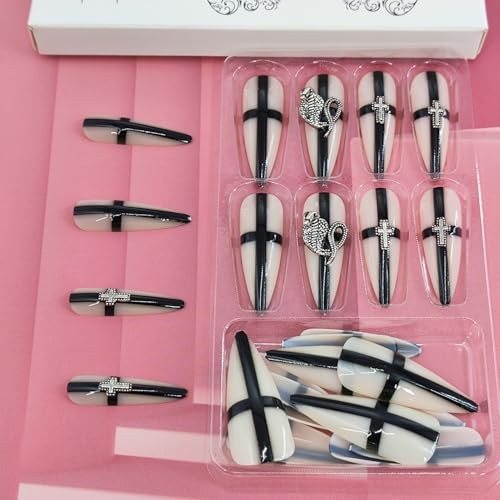 Press on Nails Long Stiletto Goth Black Fake Nails with 3D Goth Press on Nails