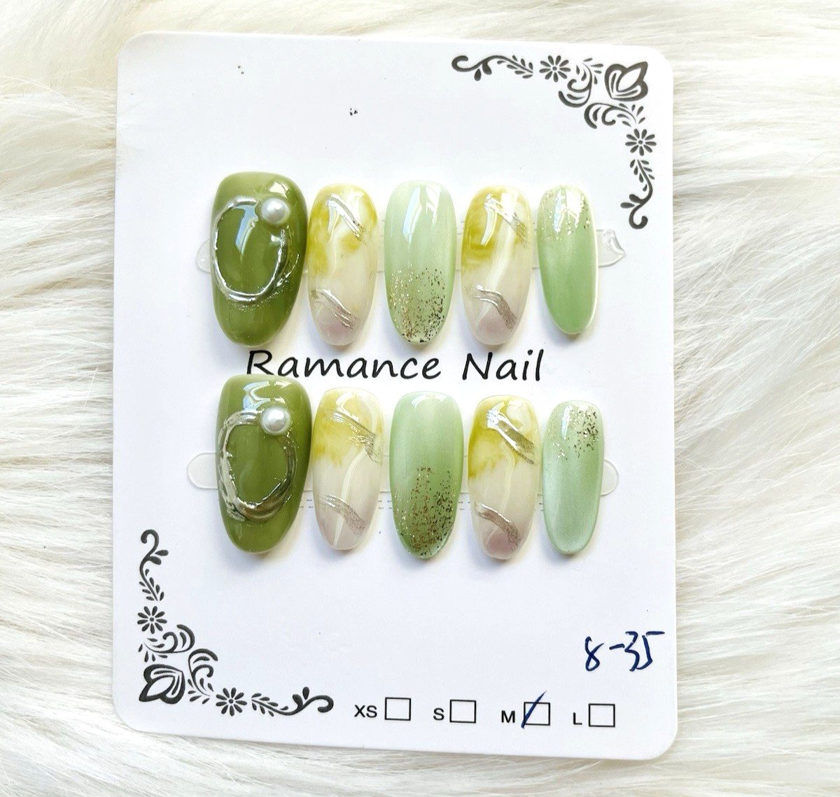 Green Silver Pearl Cateye Premium Press On Nails Size Medium, Long Length Almond