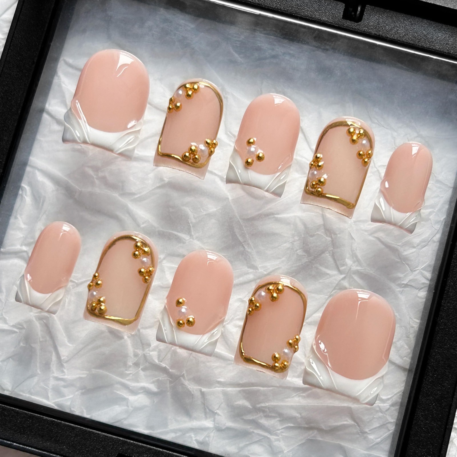 3D Handmade Press-On Nails, Short Square Nude Pink & White French, 10 Pcs, Reusa