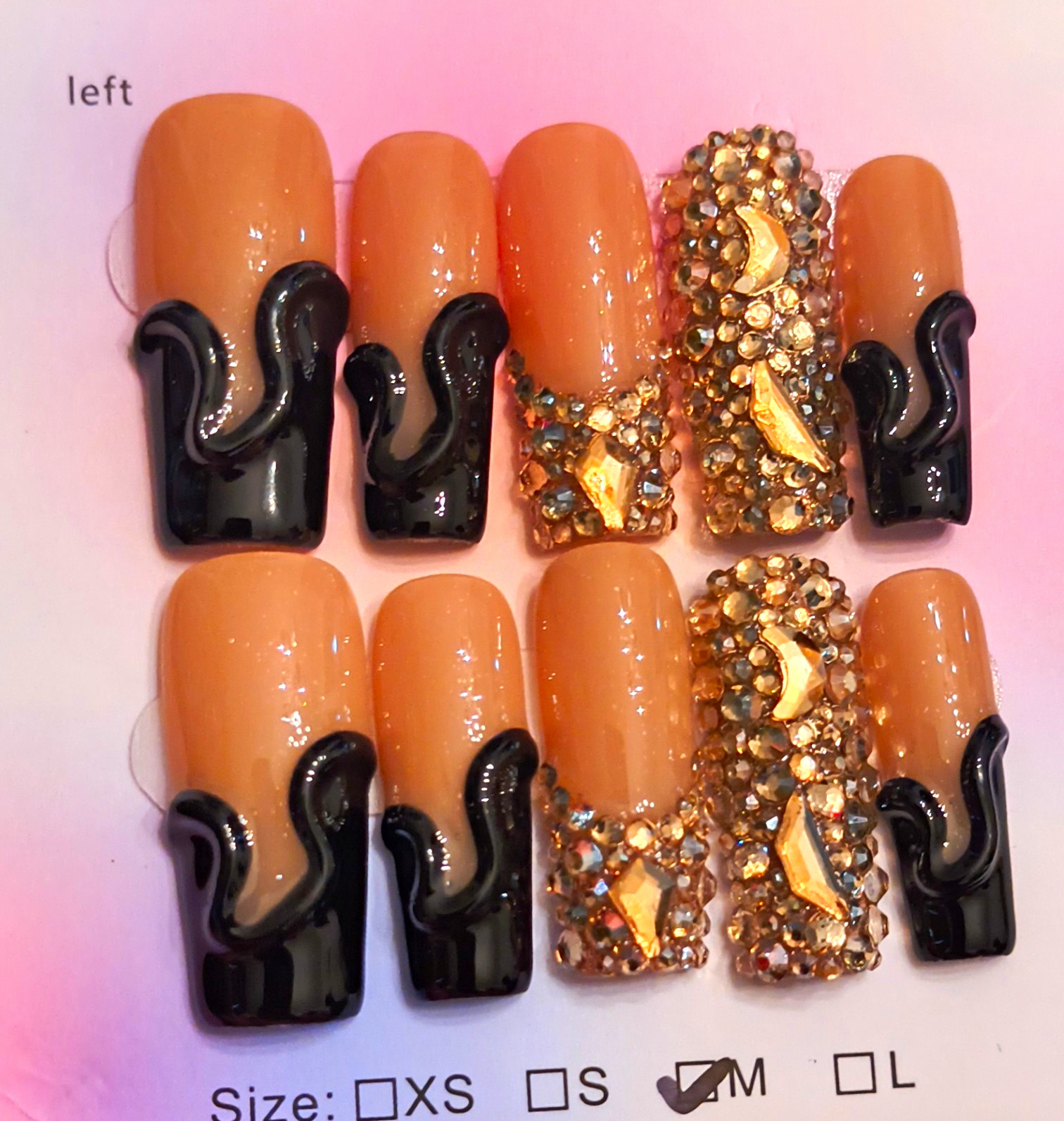 Press-On Nails Medium Square Nude Black Gold 3D Rhinestone Full Cover Set