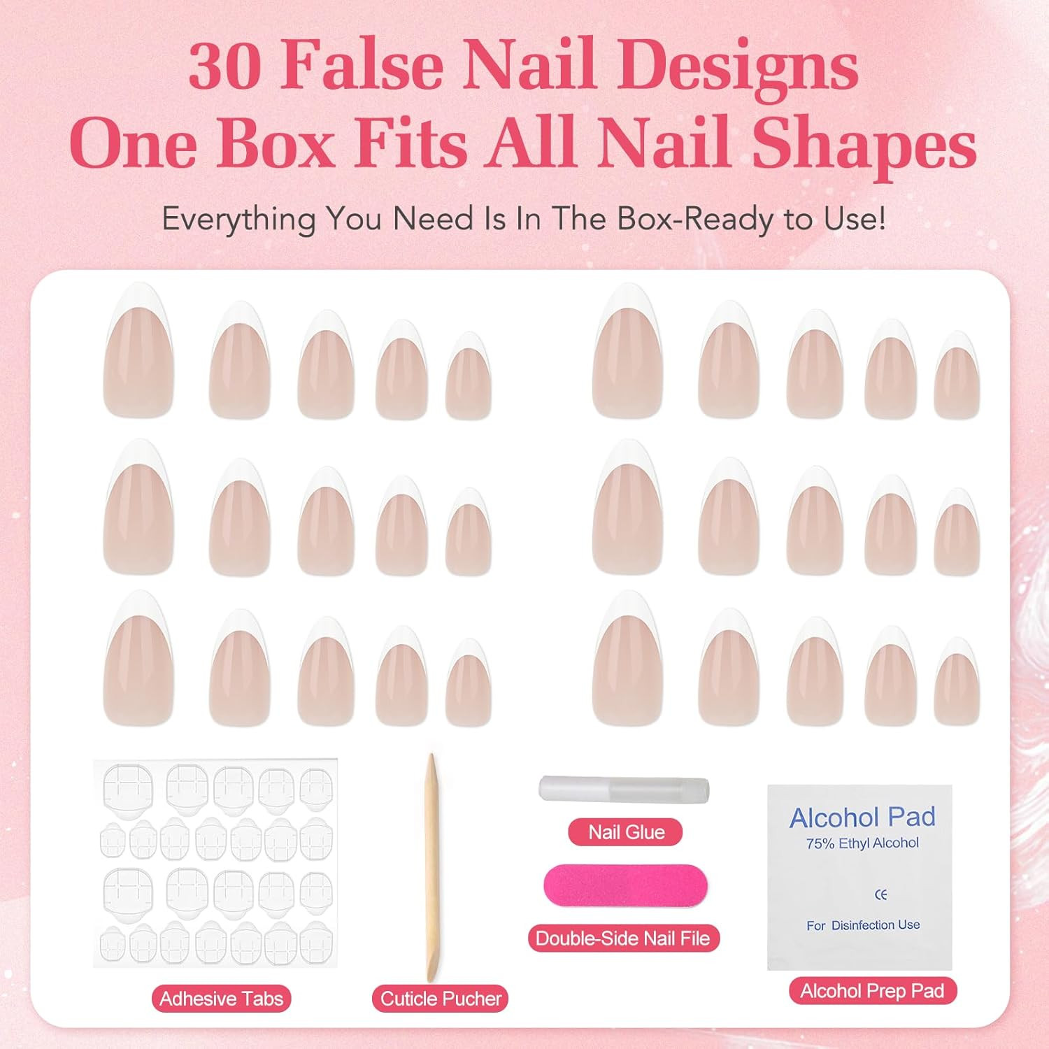 French Tip Press On Nails – Medium Pointed Almond Shape, 15 Sizes 30 Pcs Soft Ge