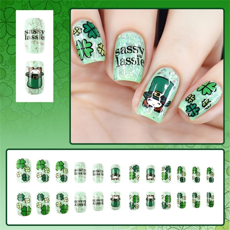 Patrick s Day 24 Pieces Short Coffin Press on Nail with Irish Green Shamrock