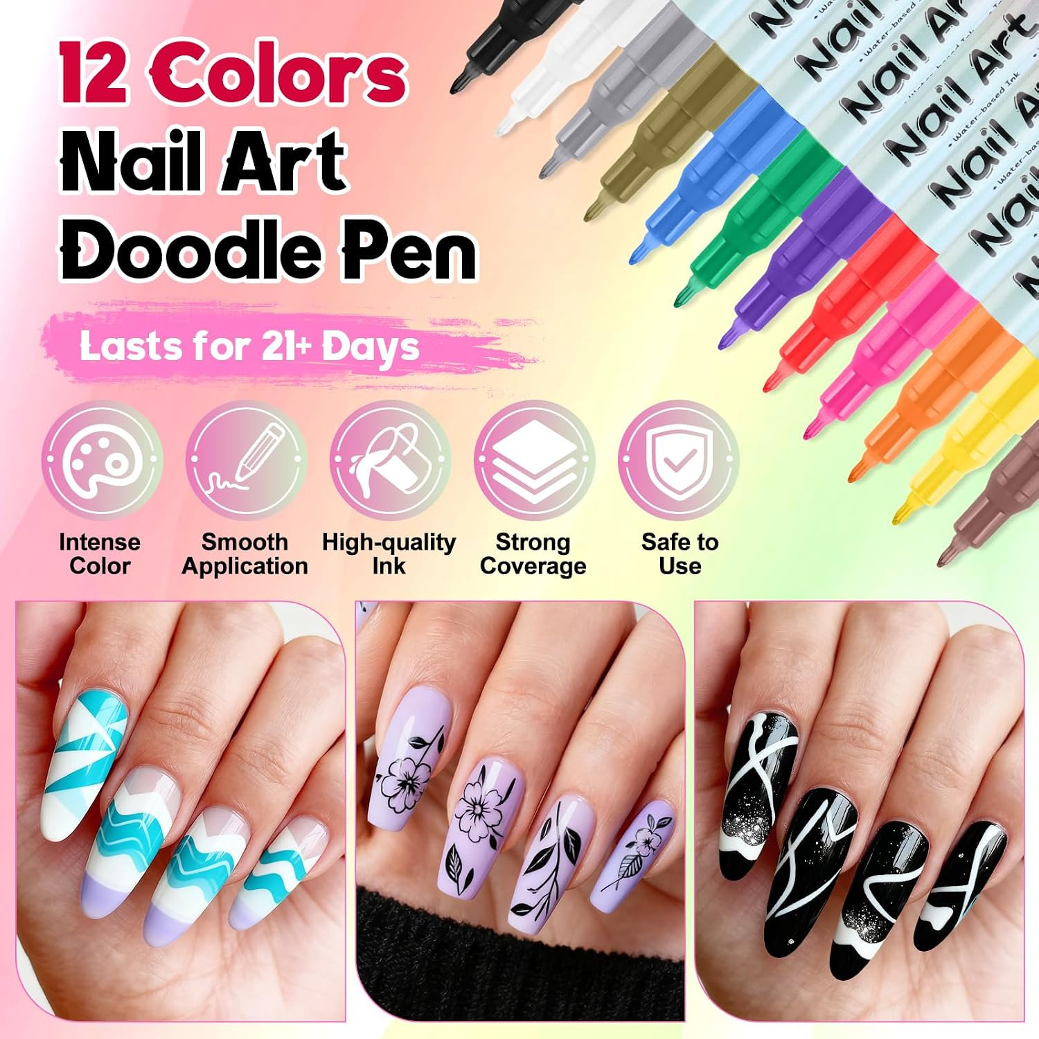 12 Color 3D Nail Art Pens Set, 0.5MM Fine Tip Nail Polish Pens Acrylic Paint Pen