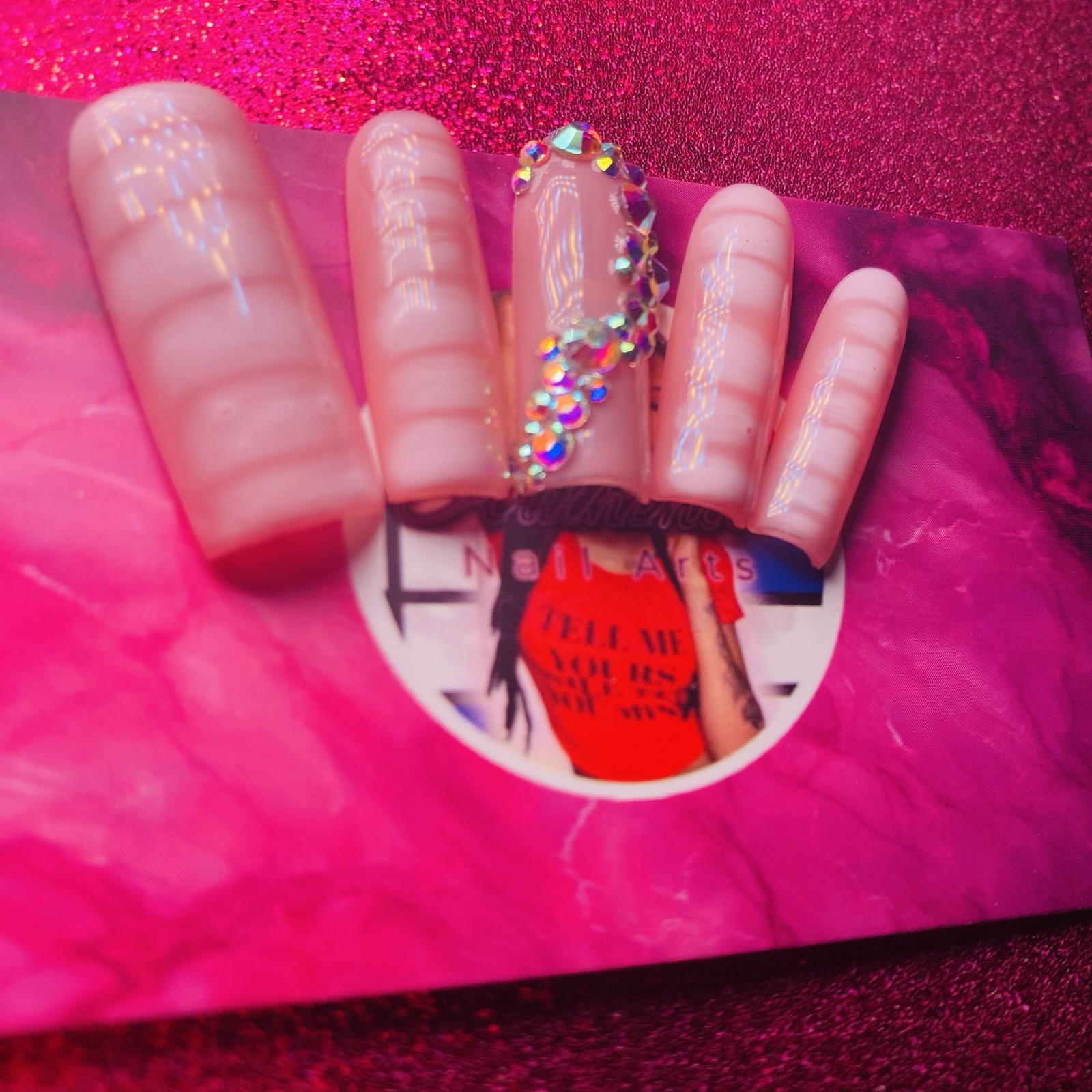Square Press-On Nails Pink Shiny 3D Sparkle by Authentic Nail Arts by Dia