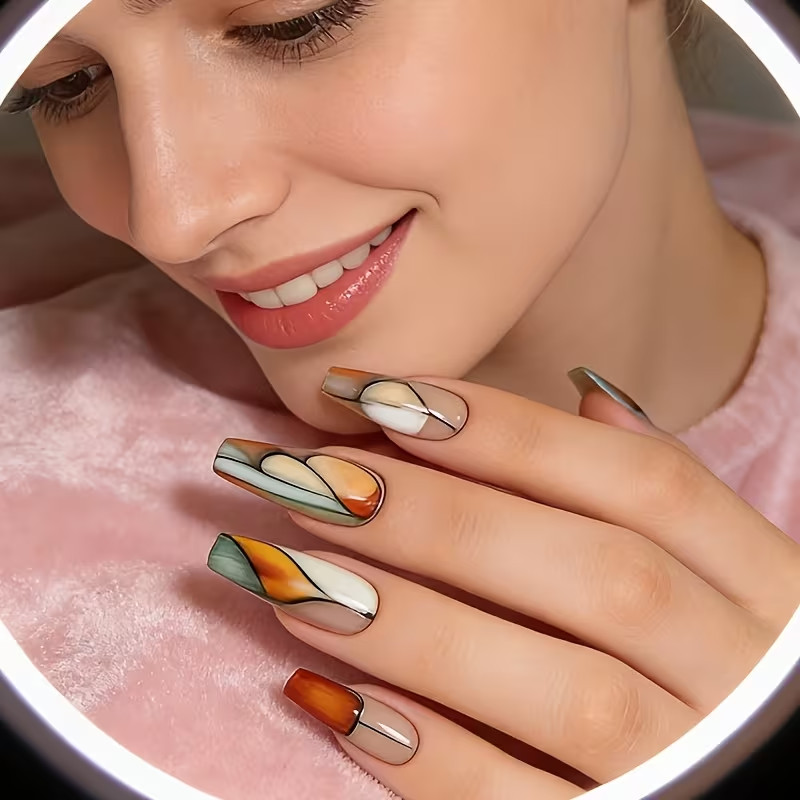24 Colorful Press On Nails, Geometric Pattern, Glossy, Long, Ballet style