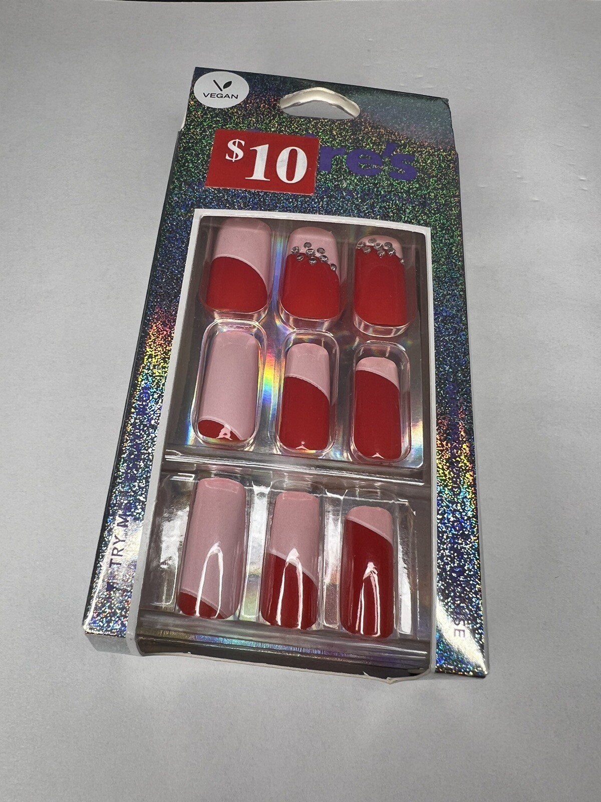 24pc Claire’s Fake False Press On Nails Glue On Vegan Red Pink Rhinestone Square